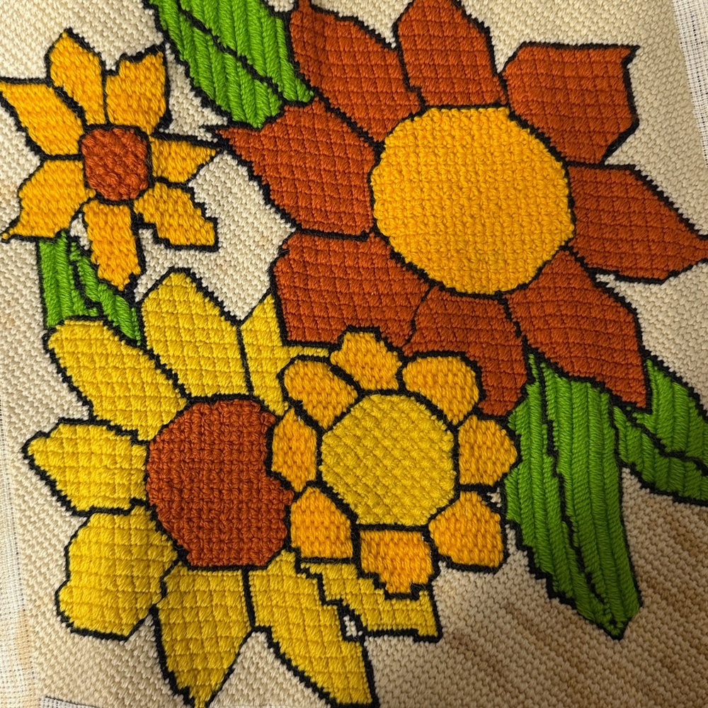 Vintage 1970s Leewards Needlepoint Sunflower Panel – Completed Retro Floral